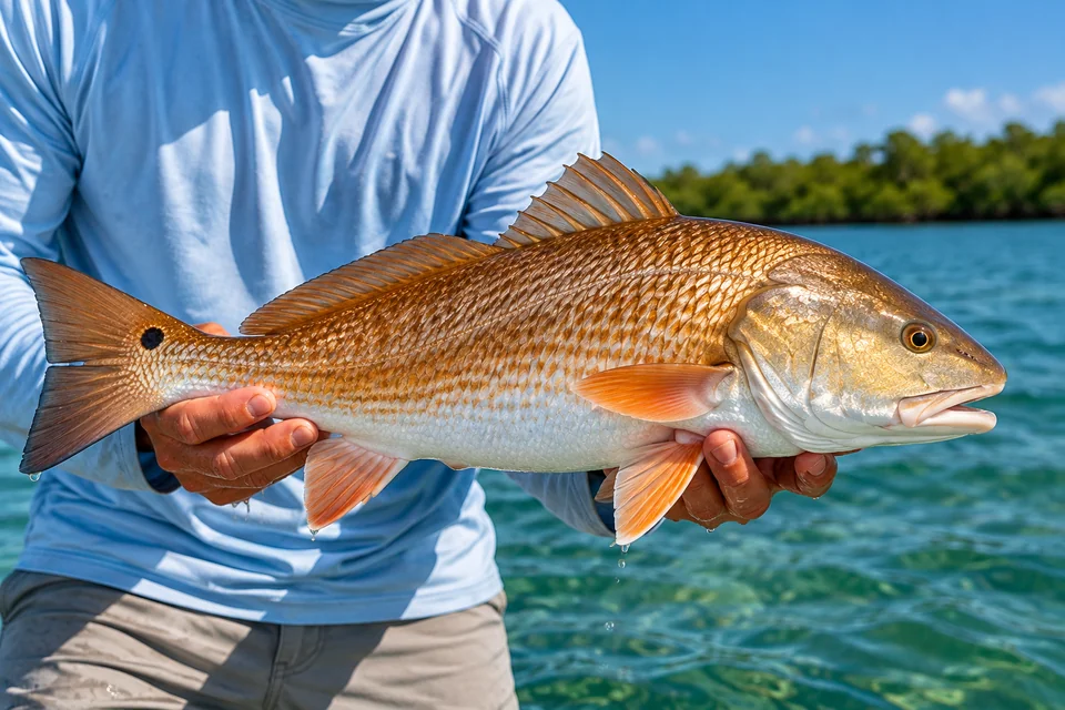 A copper-colored redfish held by an angler