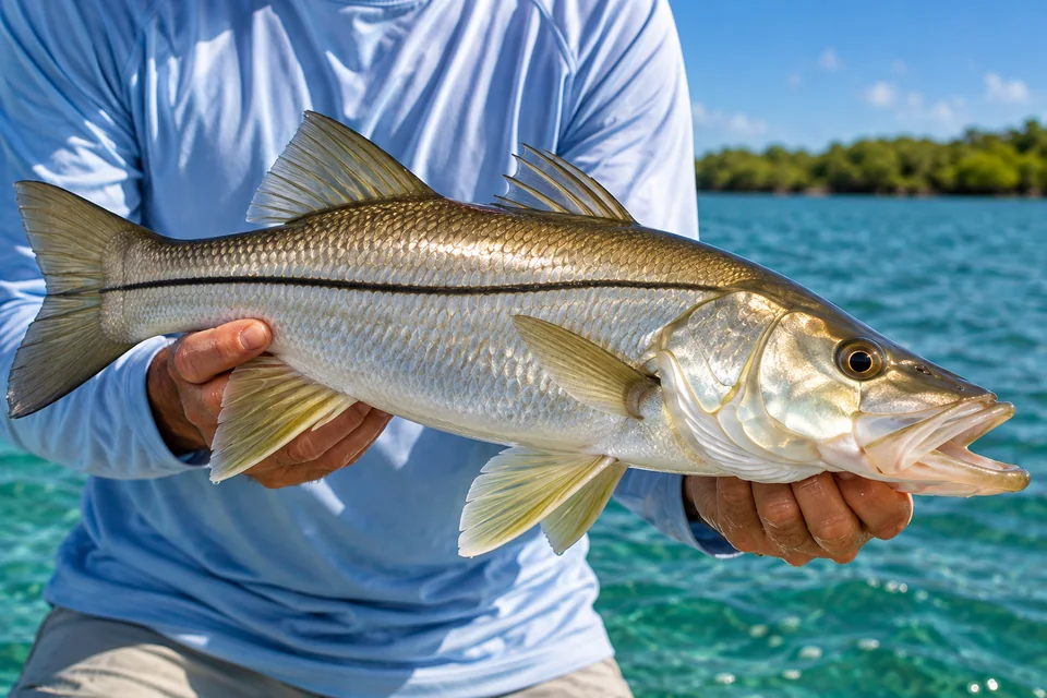 A silver snook above the water