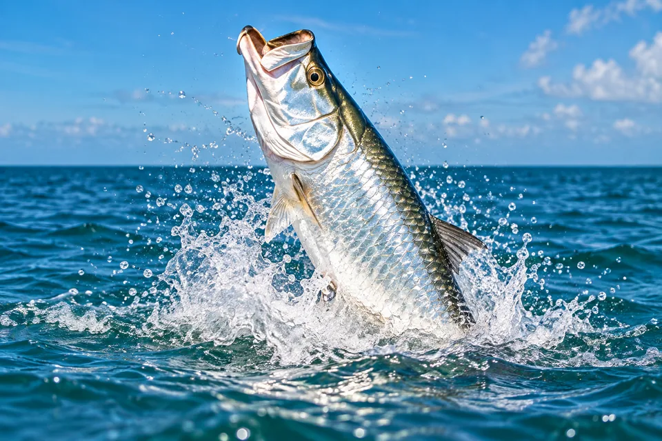 A silver tarpon leaping from the water